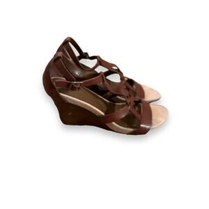 Kenneth Cole Reaction Cedar‎ Brown Leather Strappy High Heel Wedges Sz 8.5
